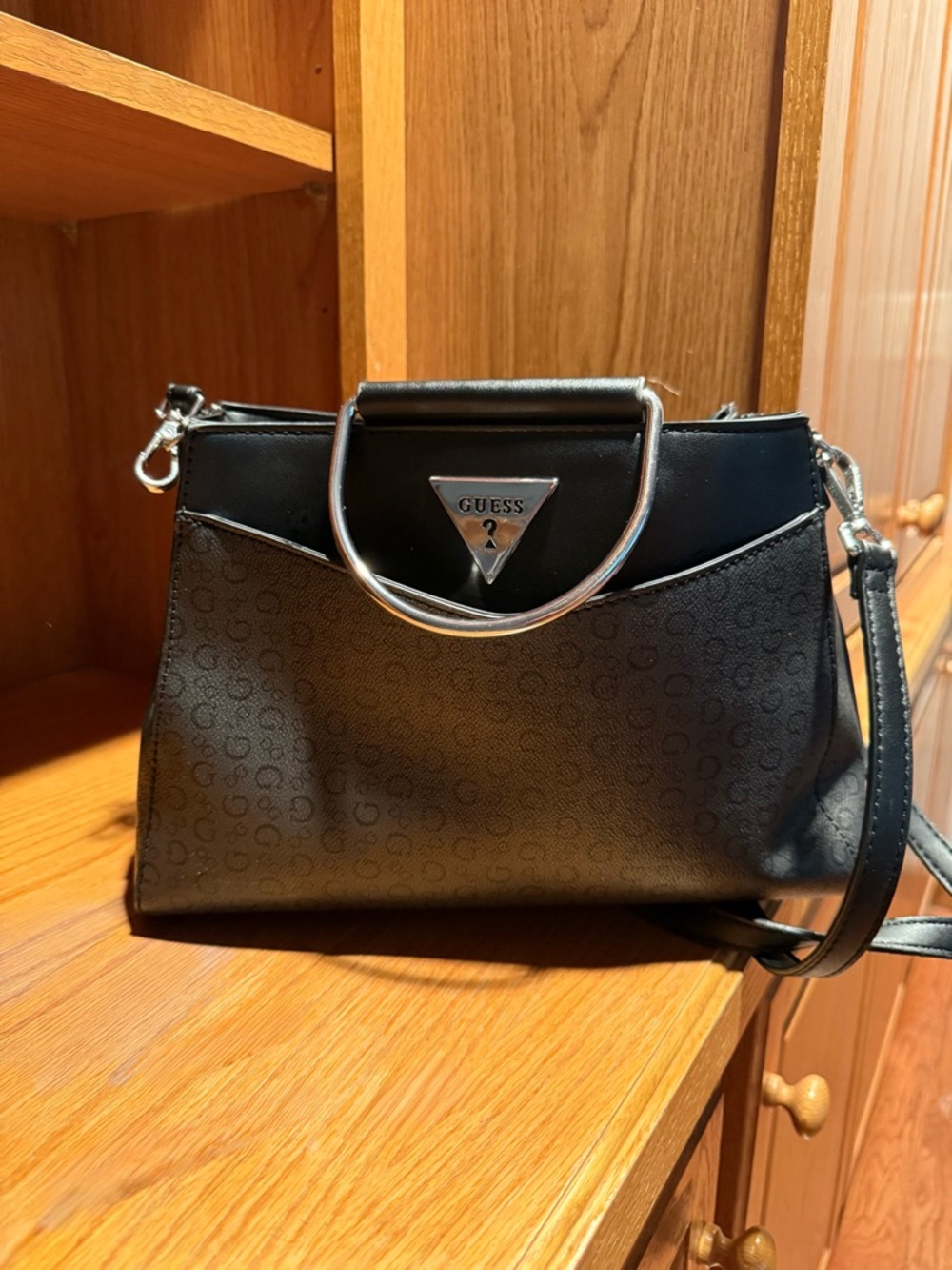 Guess Black Crossbody Satchel with Silver-Tone Accents